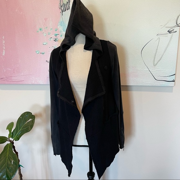 Free People Black Gray Drippy Wool Jacket Hoodie Sweatshirt Coat Asymmetrical XS - Picture 2 of 10